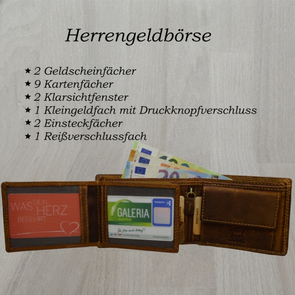 flevado Jäger Geldbeutel mit RFID Schutz Leder Geldbörse Portemonnaie mit Hirsch Druck Querformat mit RFID Schutz
